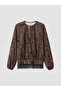 Vizyon New Season Brown Tie-Neck Patterned Tassel Blouse