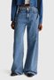 Women's light blue 100% cotton denim pants with label detail and wide leg