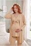 Beige Double-Breasted Waist-Tied Long Sleeve 3-Piece Maternity Pajama Set with Robe Viscose - 3