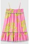 Girl's Pink 100% Viscose Patterned Dress with Gathered Top and Pleated Detail on Straps - 2