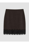 Özmarka New Season Brown Mini Skirt with Zipper at the Waist and Lace Detail
