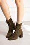 Lara Women's Khaki Suede Stretch Blunt Toe Zippered 6 cm Thick Heeled Boots Bootie - 3