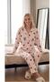 Women's Cream Buttoned Heart Teddy Bear Patterned Long Sleeve Pajama Set - Cotton Soft Home Wear Set - 3