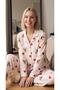Women's Cream Buttoned Heart Teddy Bear Patterned Long Sleeve Pajama Set - Cotton Soft Home Wear Set - 5