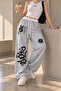White Belt Graffiti Axolotl Printed Oversize Wide Leg Relaxed Fit Women's Sweatpants - 3
