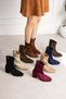 Lara Women's Bitter Brown Suede Stretch Blunt Toe Zippered 6 cm Thick Heeled Boots Bootie - 4