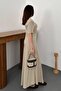 Beige Pleated Crew Neck Dress - 5