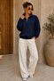Premium Unisex Navy Blue Color Unprinted Stand Collar Sweatshirt with Half Zipper Detail - 3