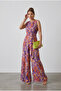 Purple Orange Patterned Belted Jumpsuit Wide Leg Zero Sleeve Stylish Night and Party Jumpsuit - 2