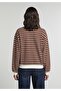 Regular Fit Polo Neck Striped Women's Brown Sweatshirt - 2