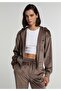 Slim Fit Zippered Plain Women's Brown Sweatshirt