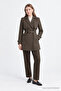 Checked Brown Suit with Covered Collar, Buckle and Belt 2062