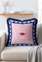 Lola Kiss Red Lip Pattern Navy Blue Framed Fringed Cushion Cover - 3