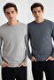 Antrasit-Gri 2'li Paket %100 Pamuk Uzun Kol Regular/Normal Kesim T-Shirt TMNAW24TS00001