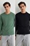 Siyah-Yeşil 2'li Paket %100 Pamuk Uzun Kol Regular/Normal Kesim T-Shirt TMNAW24TS00001