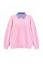 Pembe Dokuma Garni Detaylı Oversize Kalıp Polo Yaka Kalın Polarlı Örme Sweatshirt