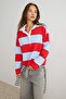 Kırmızı Çizgili Düğmeli Polo Yaka Oversize/Geniş Kesim Düşük Kol Örme T-Shirt TWOAW27TS00029