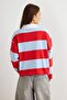 Kırmızı Çizgili Düğmeli Polo Yaka Oversize/Geniş Kesim Düşük Kol Örme T-Shirt TWOAW27TS00029 - 4