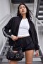 Siyah Puantiyeli Şeritli Fermuarlı Dik Yaka Oversize Örme Hırka/Sweatshirt TWOAW27SW00058