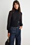 Black Tulle Sleeve Detailed High Neck Snap Fastening Stretch Knitted Bodysuit Twoaw27Bd00006
