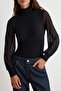 Black Tulle Sleeve Detailed High Neck Snap Fastening Stretch Knitted Bodysuit Twoaw27Bd00006 - 3