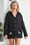 Black Buttoned Long Sleeve Pocketed Eye Embroidered Cotton Woven Casual Hooded Jacket - 5