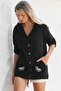 Black Buttoned Long Sleeve Pocketed Eye Embroidered Cotton Woven Casual Hooded Jacket - 3