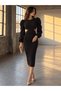 Crepe fabric low-cut design princess sleeve slit women's midi dress 582341 black - 3