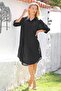 Black Shirt Collar Buttoned Long Sleeve Pocket Peacock Embroidered Cotton Woven Casual Dress