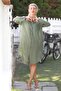 Khaki Shirt Collar Buttoned Long Sleeve Pocket Peacock Embroidered Cotton Woven Casual Dress - 5