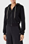 3D Peony Women's Black Jacquard Hooded Zipper Crop Sweatshirt