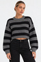 Black Gray Striped Crew Neck Crop Women's Knitwear Sweater - 4