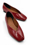 Nares Women's Red V-Neck Stitched Detailed Blunt Toe Comfortable Flat Ballerinas
