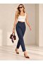 Navy Blue Belted Pleated Carrot Pants - 3