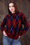 Burgundy Navy Blue Diamond Pattern Crew Neck Oversize Women's Knitwear Sweater - 3