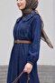 Baby Collar Half Zipper Pearl Detailed Belted Denim Dress -Laci - 5