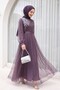 Front Stone Detail Draped Belted Tulle Evening Dress