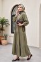 V-Neck Half-Buttoned Piece Muslin Dress with Elastic Sleeves -Khaki - 5