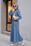Pearl Detailed Tunnel Lace-Up Long Denim Dress - 3