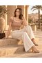 Women's Light Brown Colored Front Piping Detail Back Strap Short Sleeve Knitted Blouse - 4