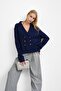 Navy Blue Double-Breasted Collar Buttoned Knit Cardigan