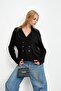 Black Double Breasted Collared Buttoned Knit Cardigan - 5