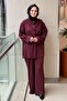 Self-Patterned Gathered Collar Tunic Pants Set - 2