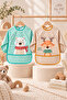Teddy Bear and Deer Patterned Long Sleeve Baby Feeding and Activity Bib with Pockets - 2