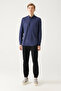 Men's Navy Blue Buttoned Collar Linen Blend Slim Fit Shirt B002001 - 5