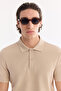 Men's Beige Non-Curling Polo Collar 100% Cotton Basic Regular Fit T-Shirt B001032 - 2