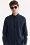 Men's Navy Blue Buttoned Collar 100% Linen Comfort Fit Shirt B002191 - 3