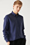 Men's Navy Blue Buttoned Collar Linen Blend Slim Fit Shirt B002001 - 3