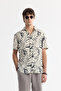 Men's Beige-Anthracite Bottom-Bottomed Collar Printed Soft Touch Short Sleeve Comfort Fit Shirt A51Y2109