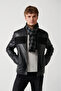 Men's Black Stand Collar Front Piece Suede-Leather Look Coat A32Y6037